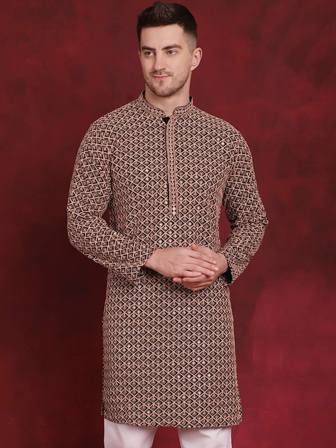 

Jompers Geometric Embroidered Sequinned Cotton Straight Kurta, Black