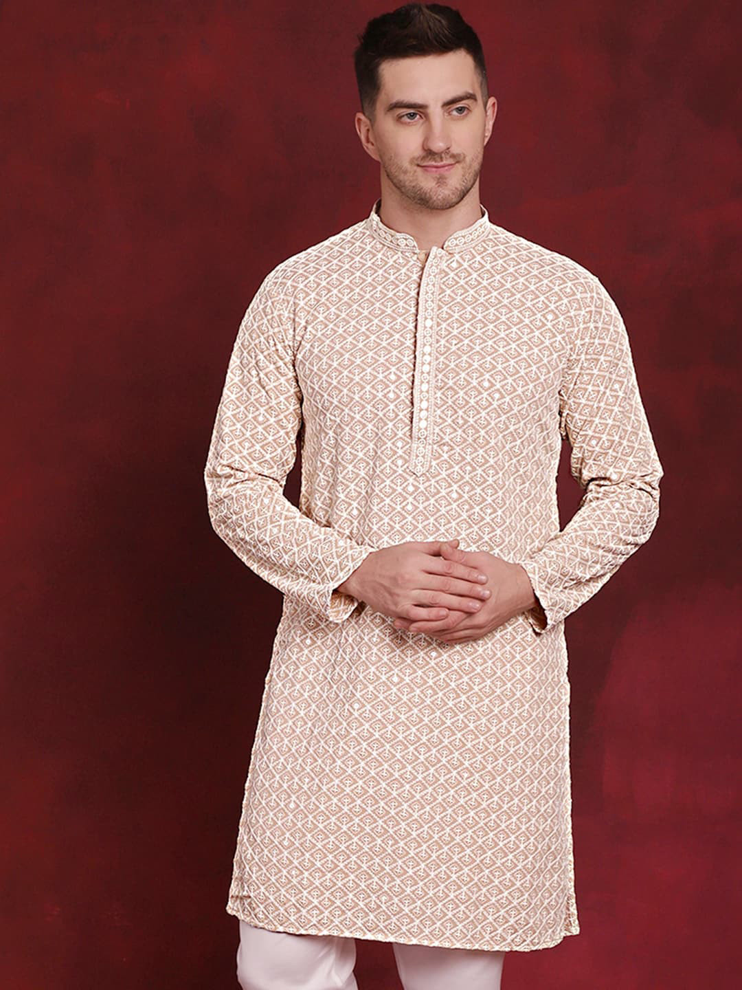 

Jompers Geometric Embroidered Sequinned Cotton Straight Kurta, Beige