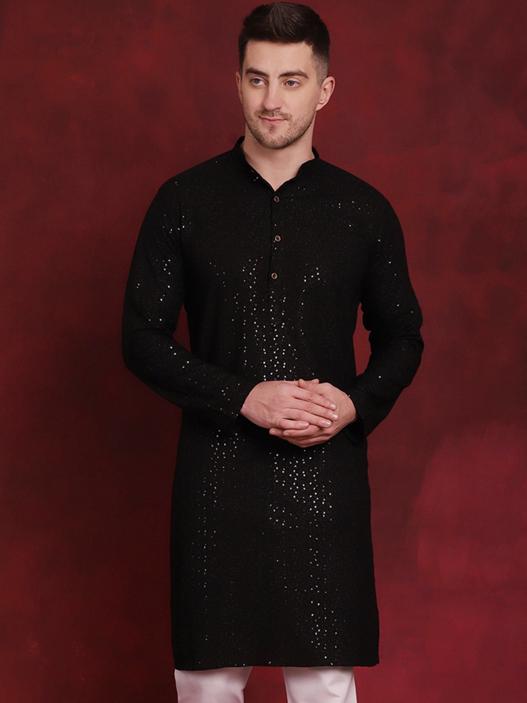 

Jompers Embroidered Sequinned Straight Kurta, Black