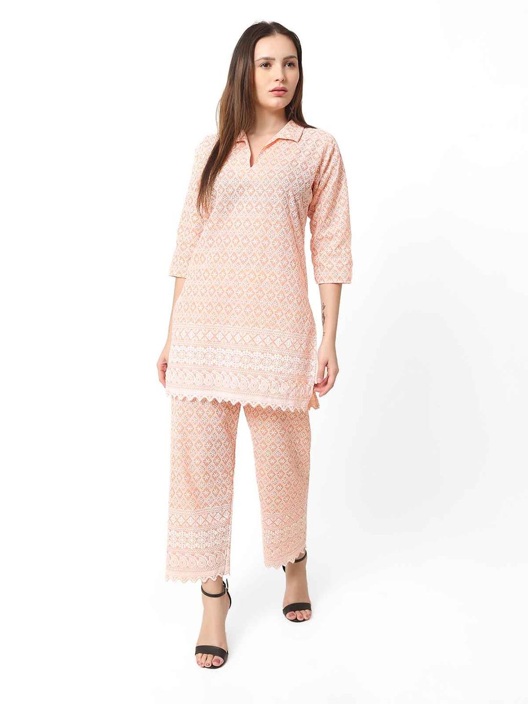 

Trendzmy Embroidered Kurti With Trousers Set, Peach