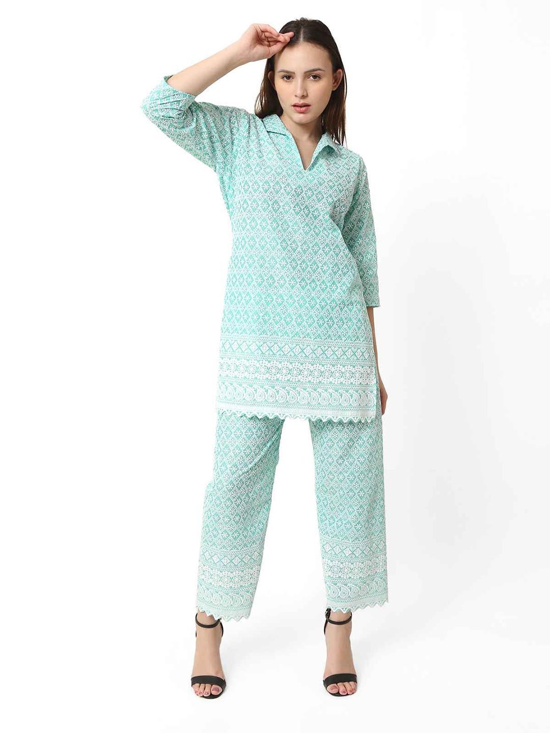 

Trendzmy Embroidered Kurti With Trousers Set, Sea green