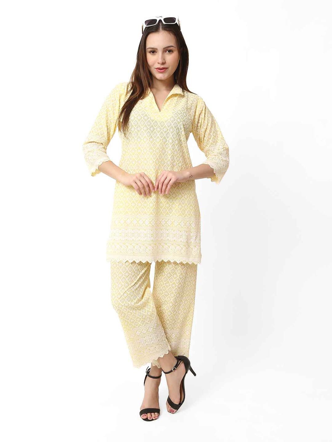 

Trendzmy Embroidered Kurti With Trousers Set, Lime green