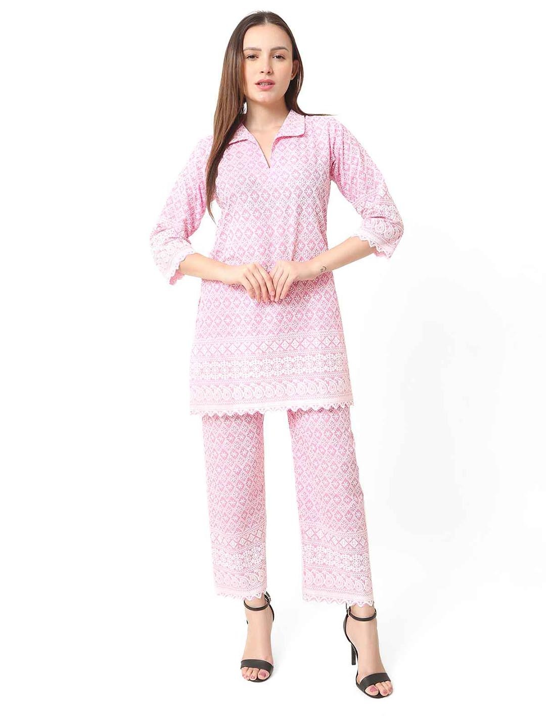 

Trendzmy Shirt Collar Chinkankri Embroidered Kurti With Trouser Set, Pink