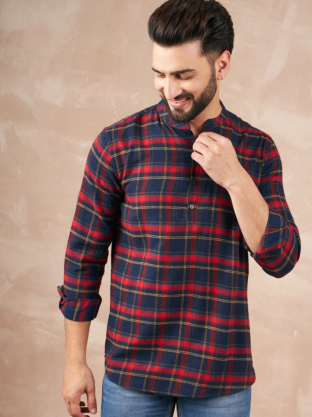 

SWAGG INDIA Checked Mandarin Collar Cotton Kurta, Navy blue
