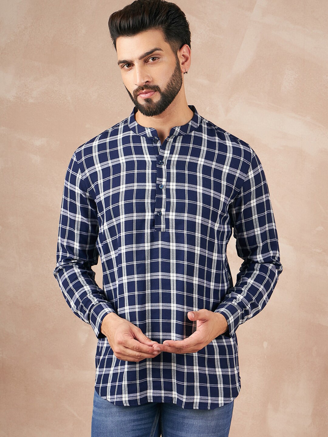 

SWAGG INDIA Checked Mandarin Collar Cotton Kurta, Blue