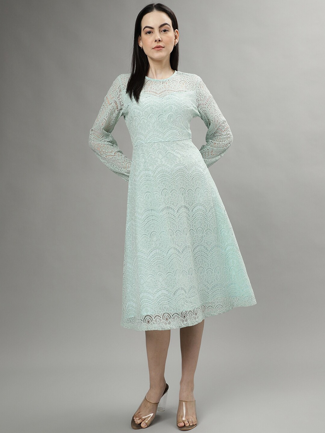 

CENTRESTAGE Long Sleeves Lace Inserts A-Line Midi Dress, Green