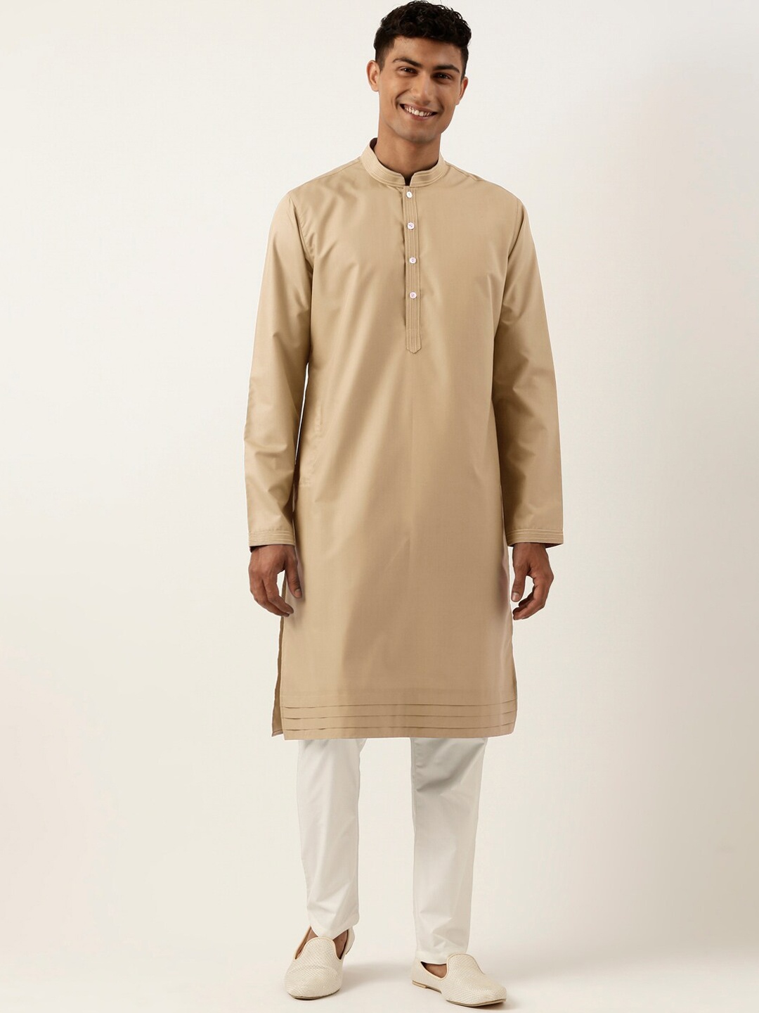 

TheEthnic.Co Regular Pure Cotton Mandarin Collar Kurta with Trousers, Beige