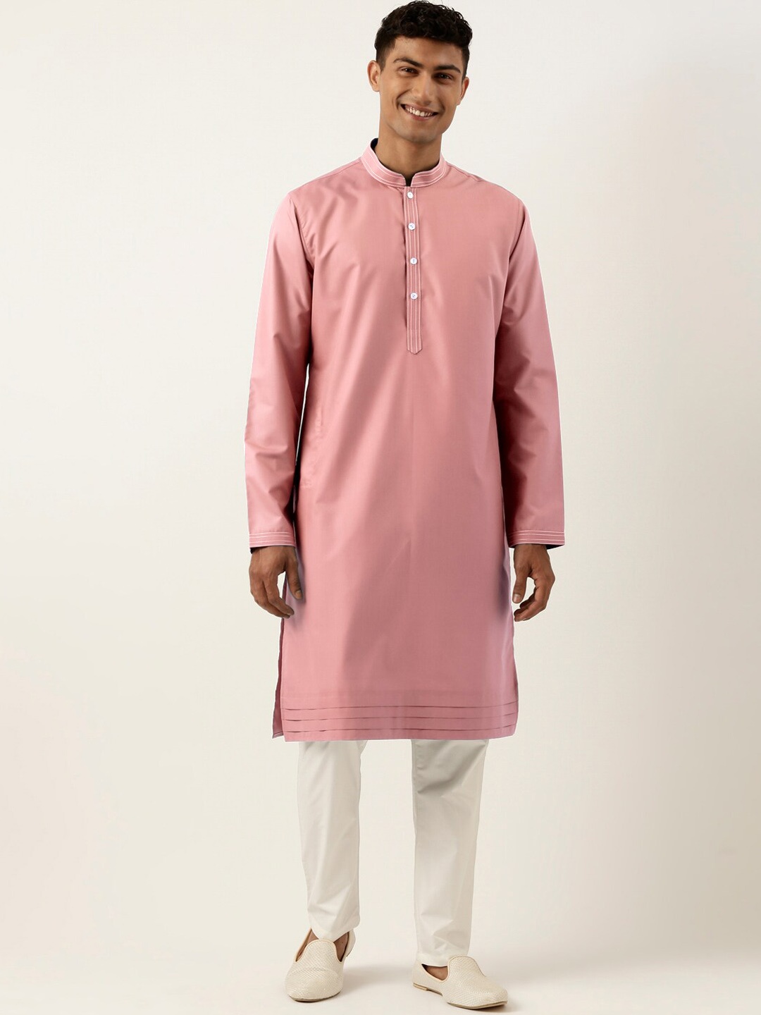 

TheEthnic.Co Mandarin Collar Pure Cotton Kurta with Pyjamas, Pink