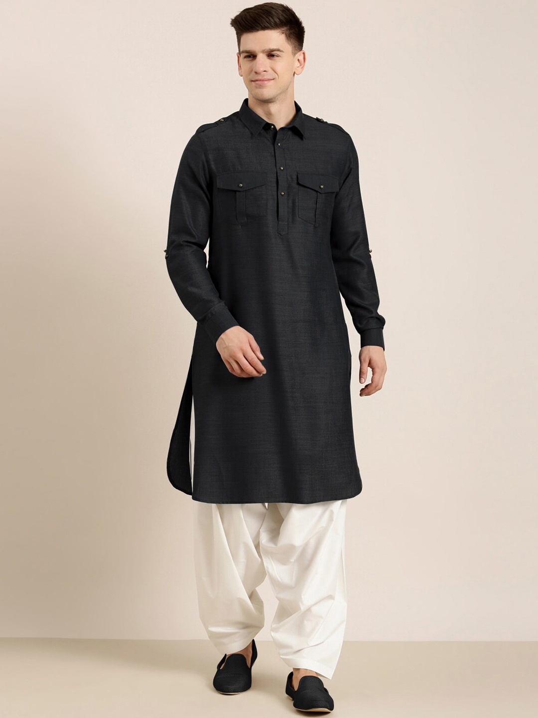 

TheEthnic.Co Shirt Collar Pure Cotton Kurta with Salwar, Black