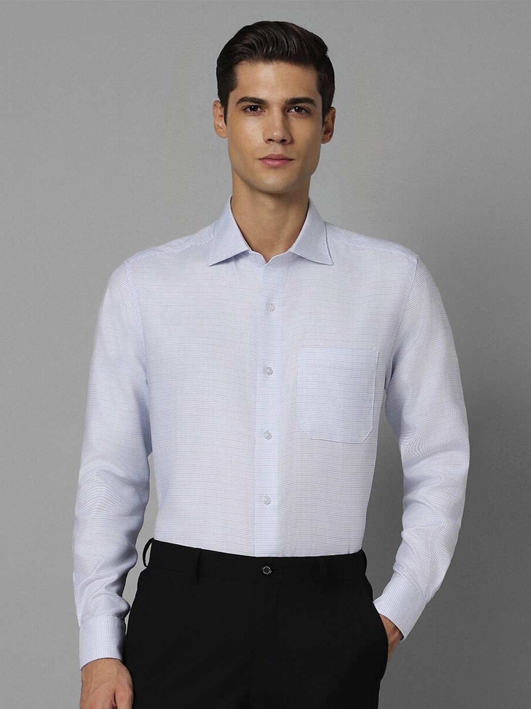 

Louis Philippe Spread Collar Micro Checked Printed Cotton Formal Shirt, Blue
