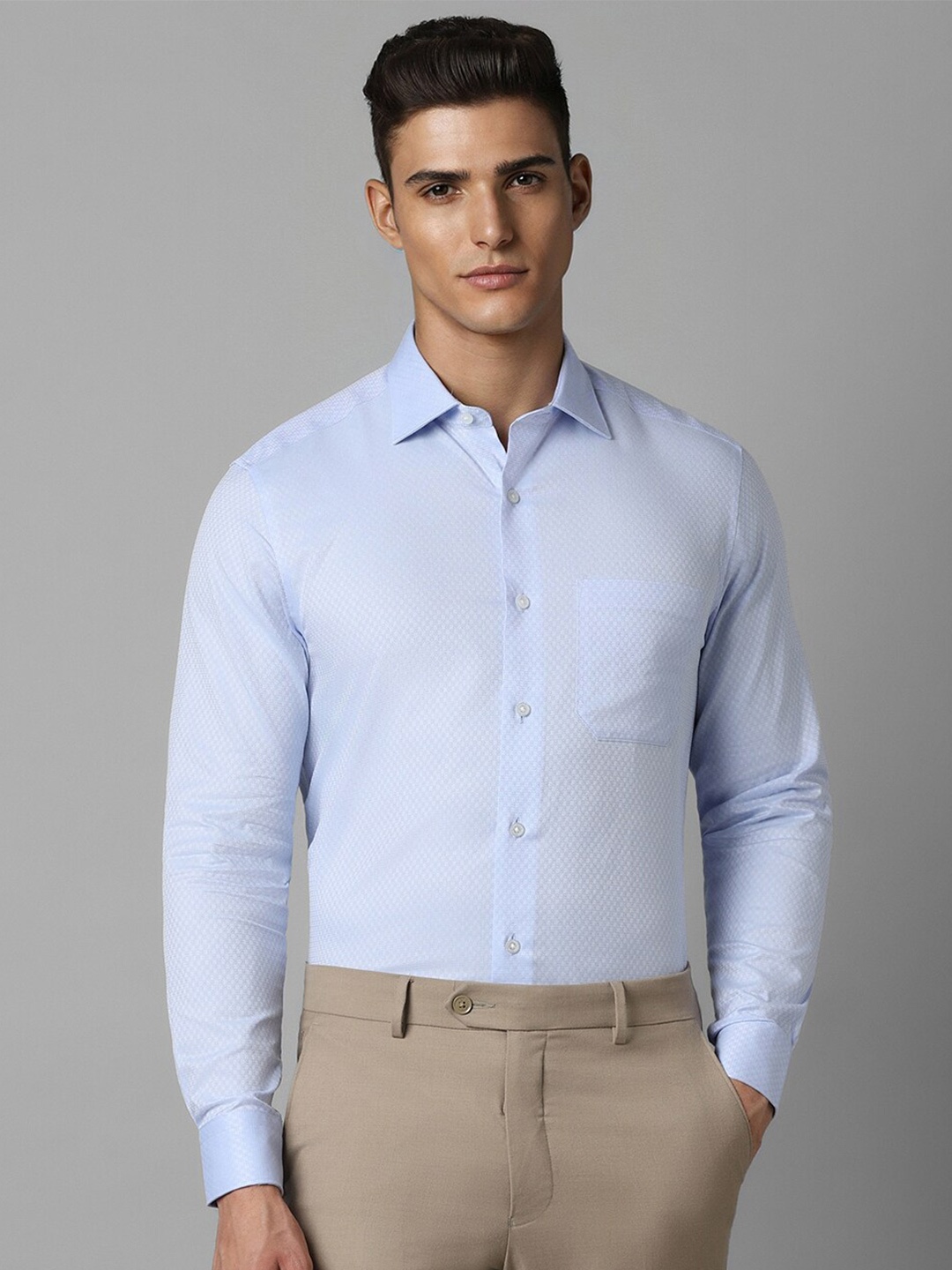 

Louis Philippe Spread Collar Checked Printed Cotton Formal Shirt, Blue