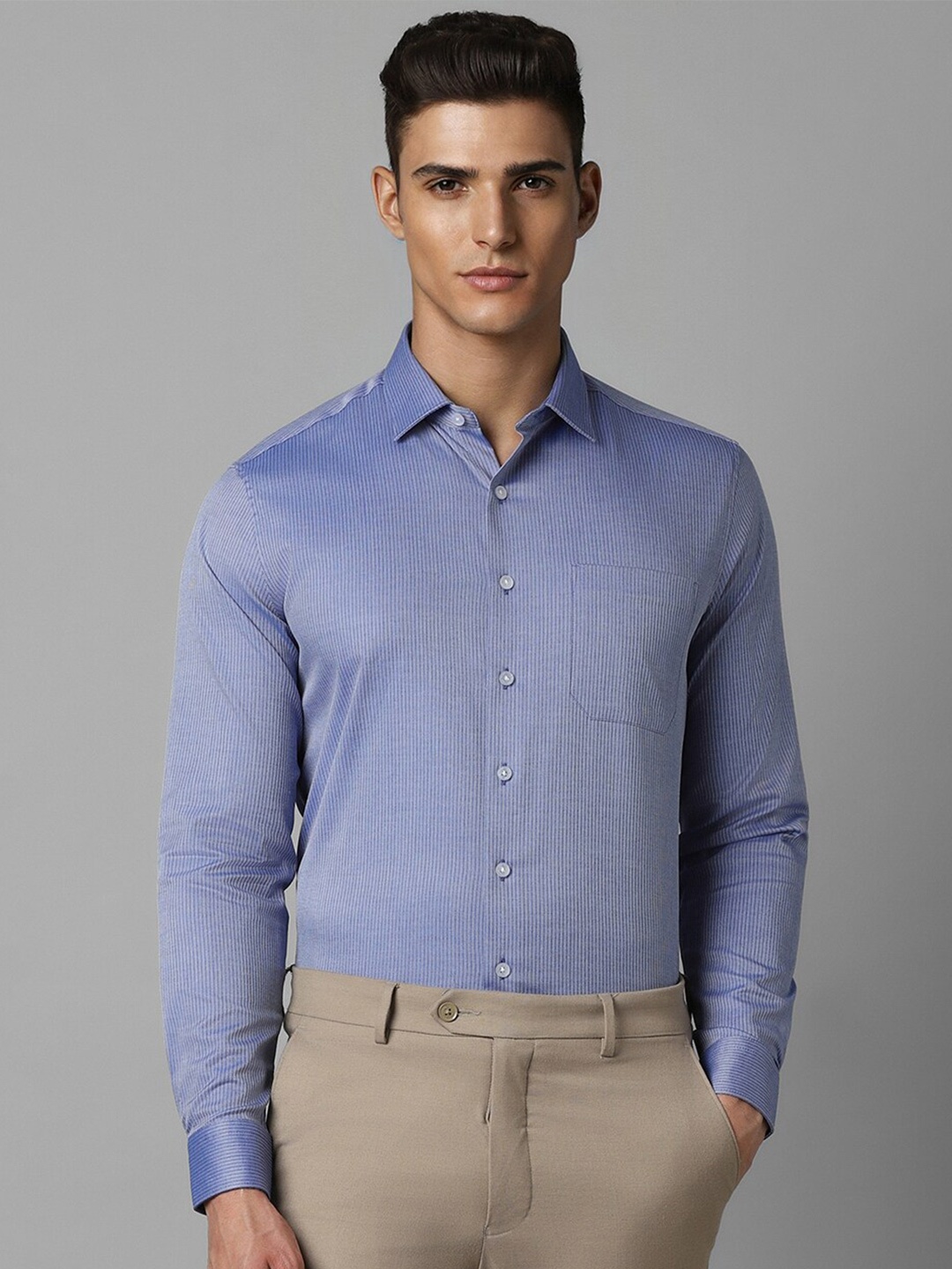

Louis Philippe Spread Collar Vertical Striped Slim Fit Cotton Formal Shirt, Blue