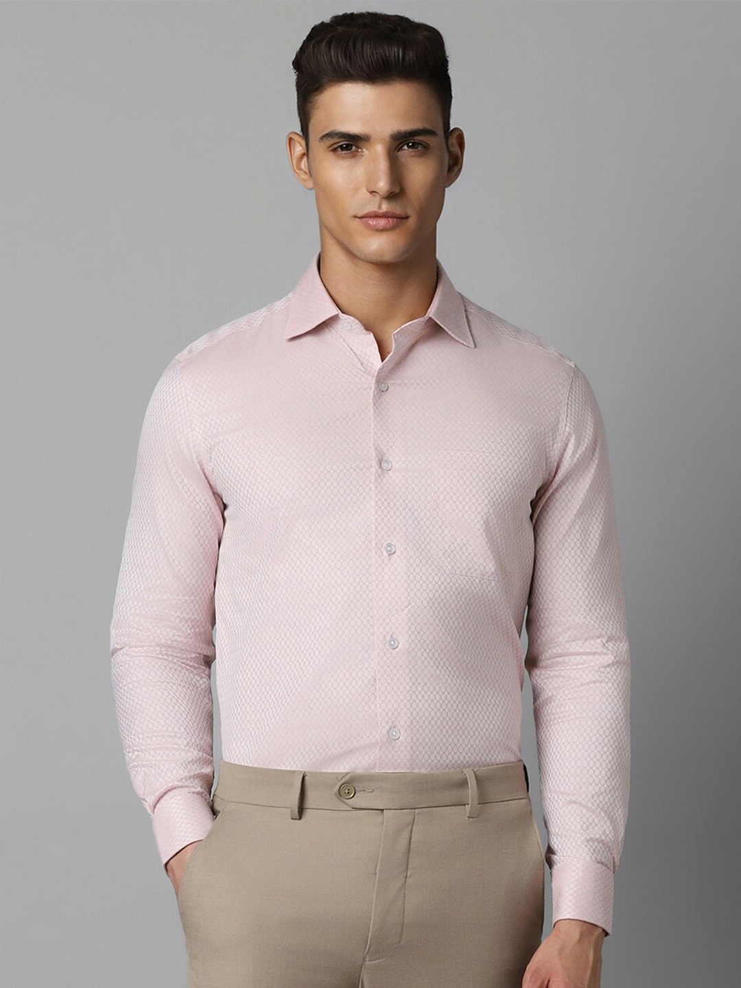 

Louis Philippe Printed Spread Collar Long Sleeves Cotton Formal Shirt, Pink
