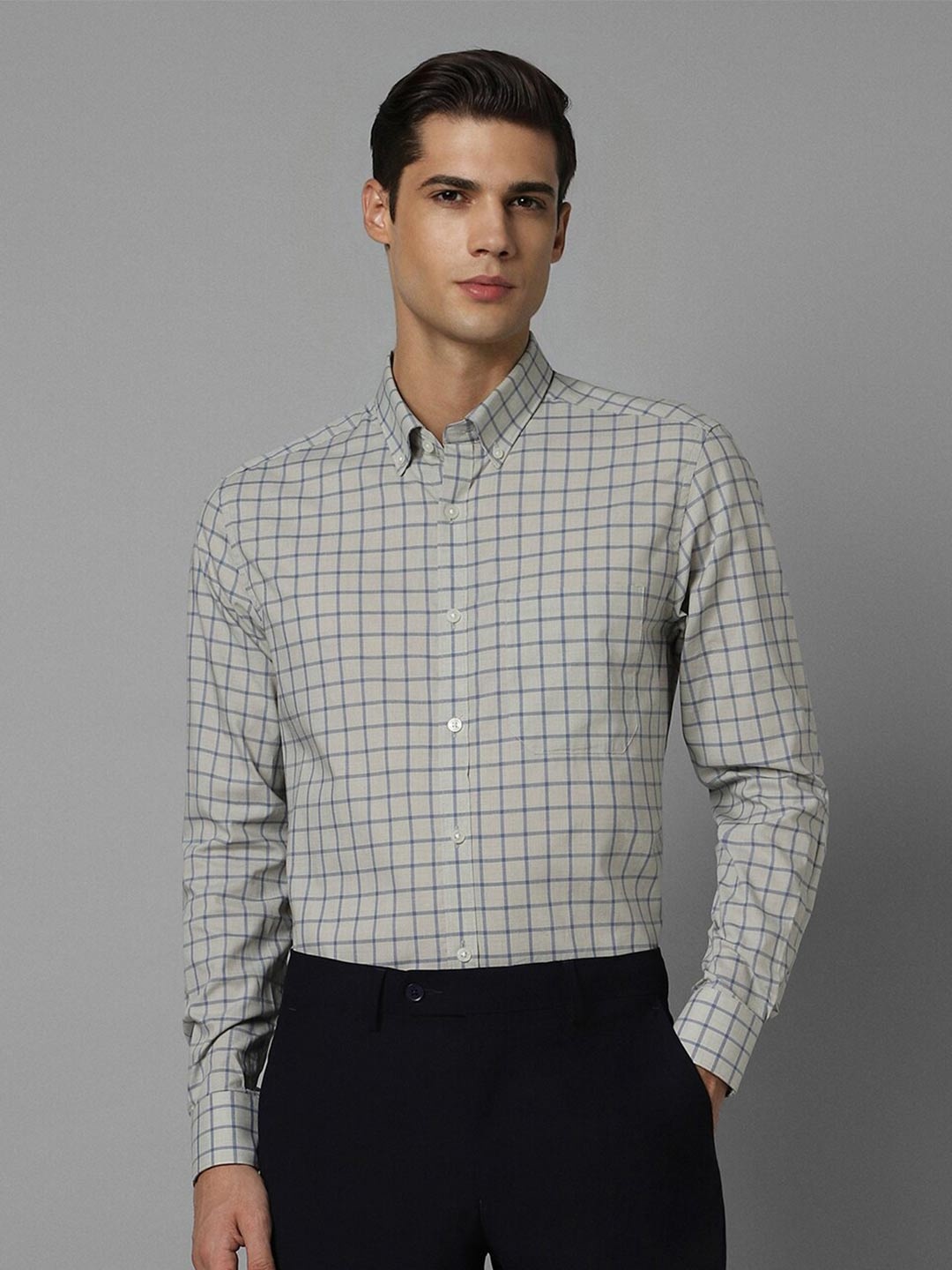 

Louis Philippe Windowpane Checks Button-Down Collar Regular Fit Cotton Opaque Formal Shirt, Grey