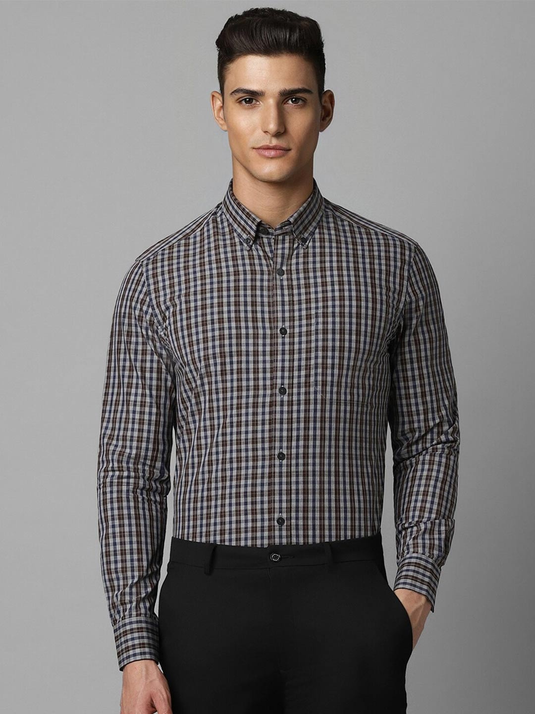 

Louis Philippe Button Down Collar Checked Cotton Formal Shirt, Grey
