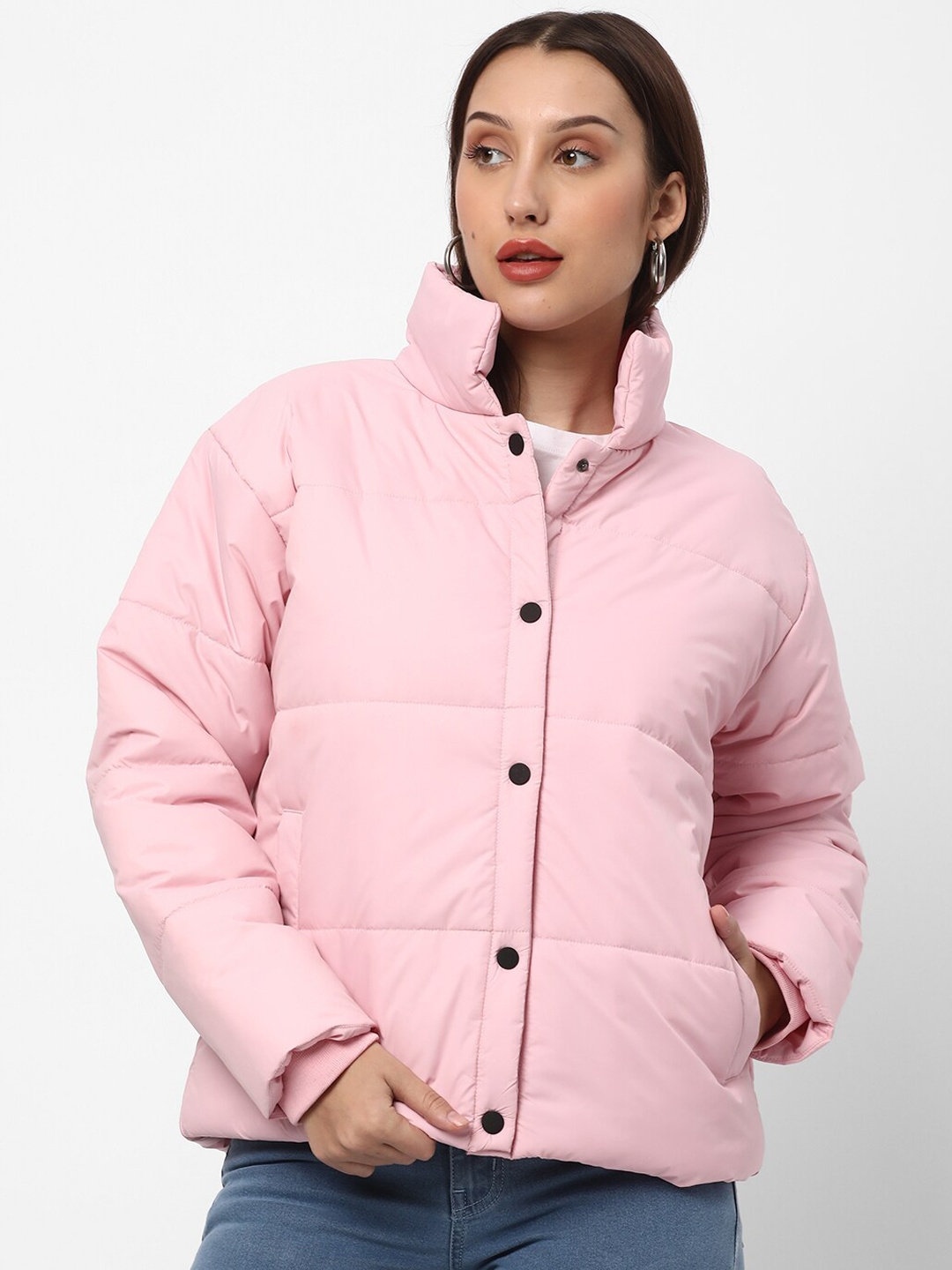 

R&B Mock Collar Long Sleeves Padded Jacket, Pink