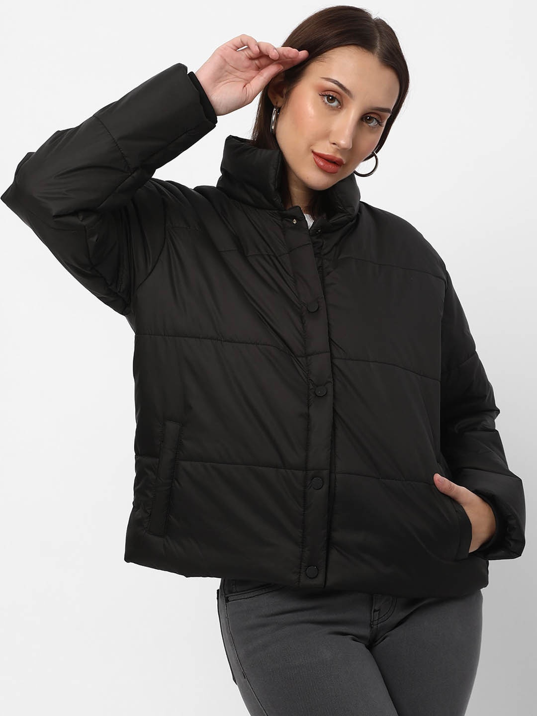 

R&B Stand Collar Puffer Jacket, Black