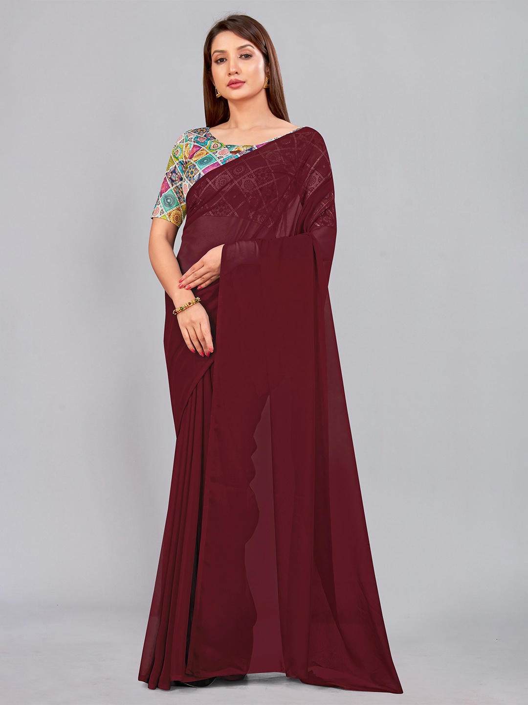 

CastilloFab Pure Georgette Saree With Printed Blouse, Maroon