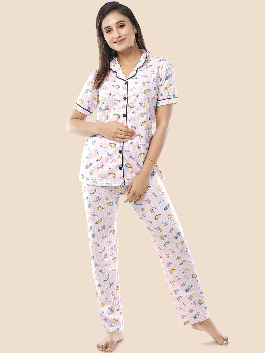 

BAESD Conversational Printed Lapel Collar Short Sleeves Pure Cotton Night suits, Pink