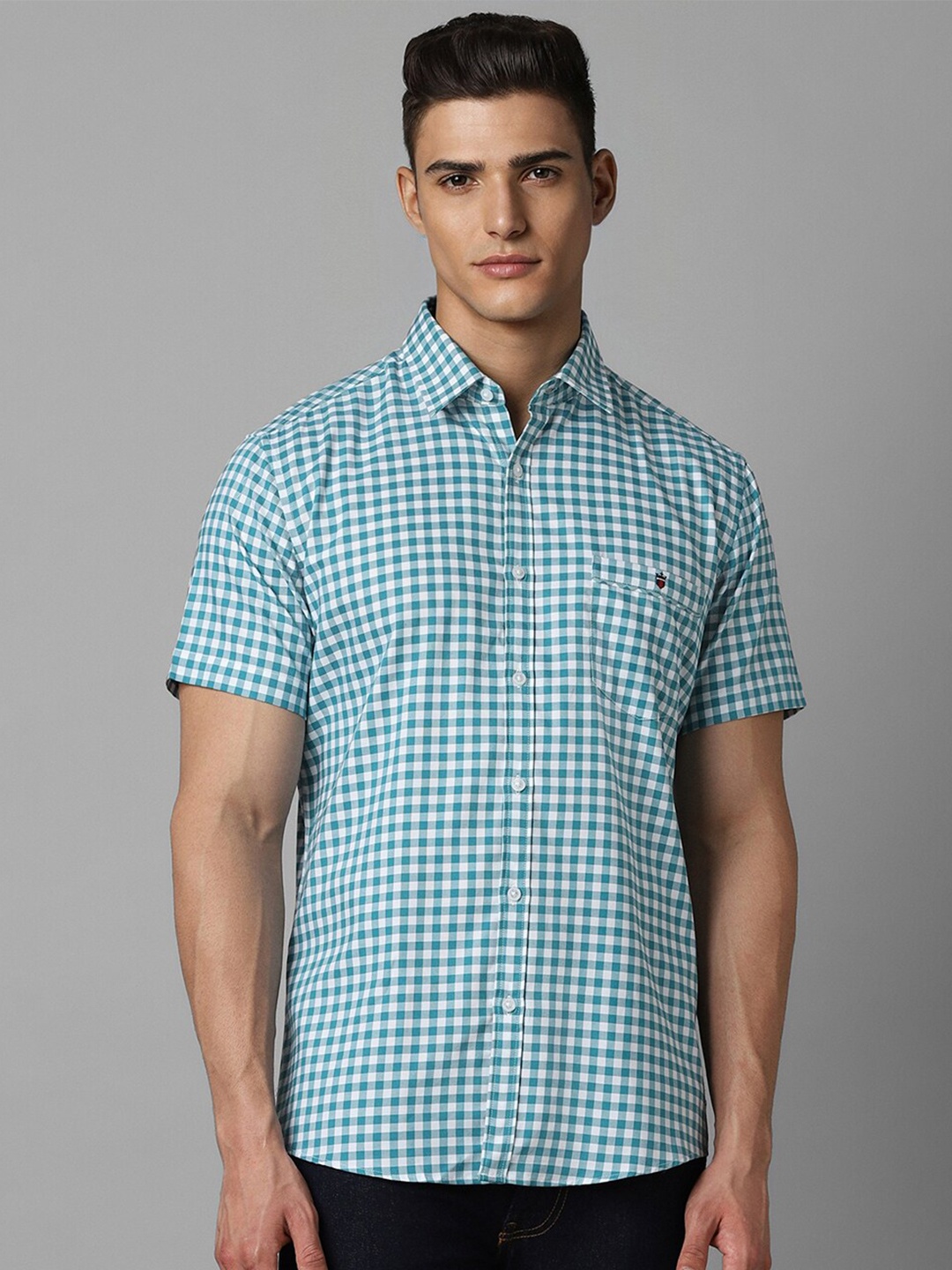 

Louis Philippe Sport Gingham Check Half Sleeves Spread Collar Cotton Slim Fit Casual Shirt, Green