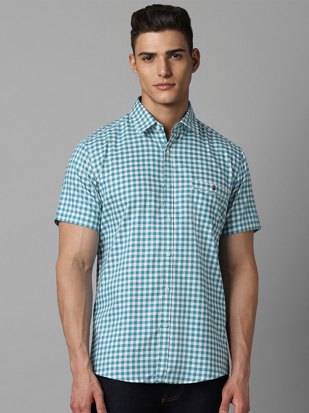 

Louis Philippe Sport Gingham Check Half Sleeves Spread Collar Cotton Slim Fit Casual Shirt, Green