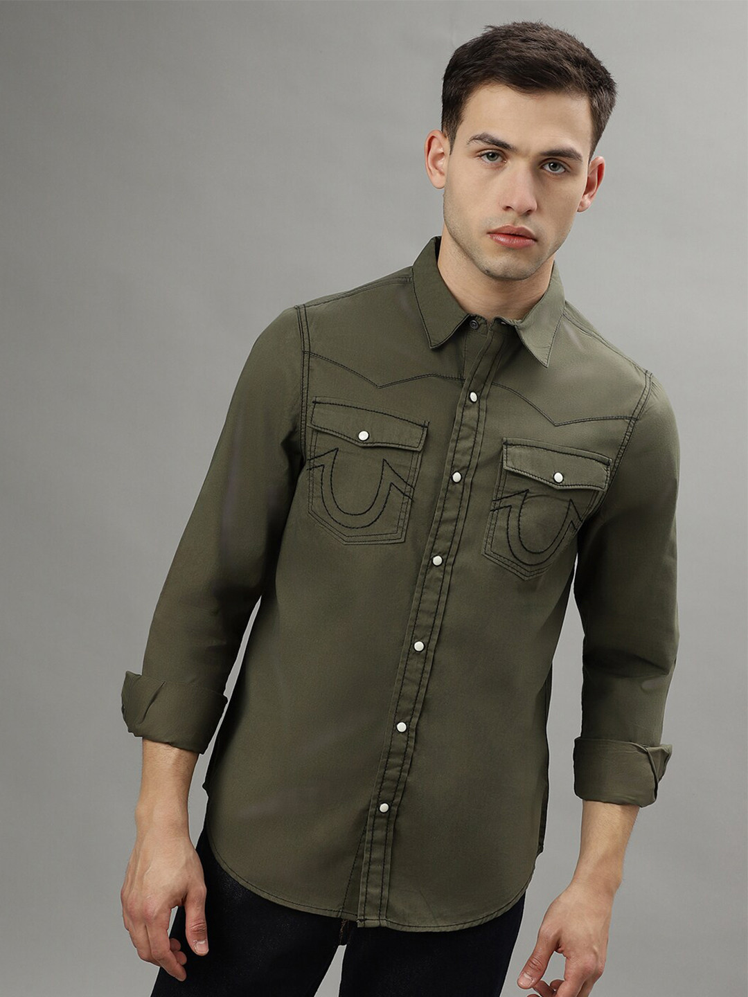 

True Religion Regular Fit Spread Collar Cotton Casual Shirt, Green