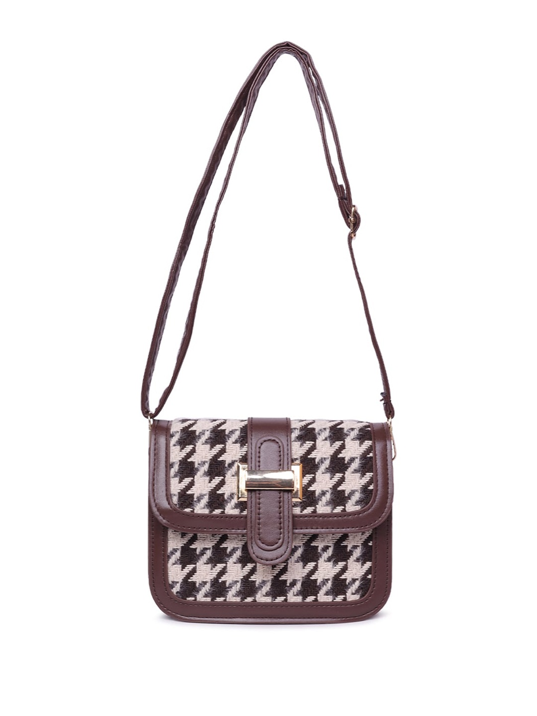 

London Rag Houndstooth Self Design Structured Sling Bag, Coffee brown