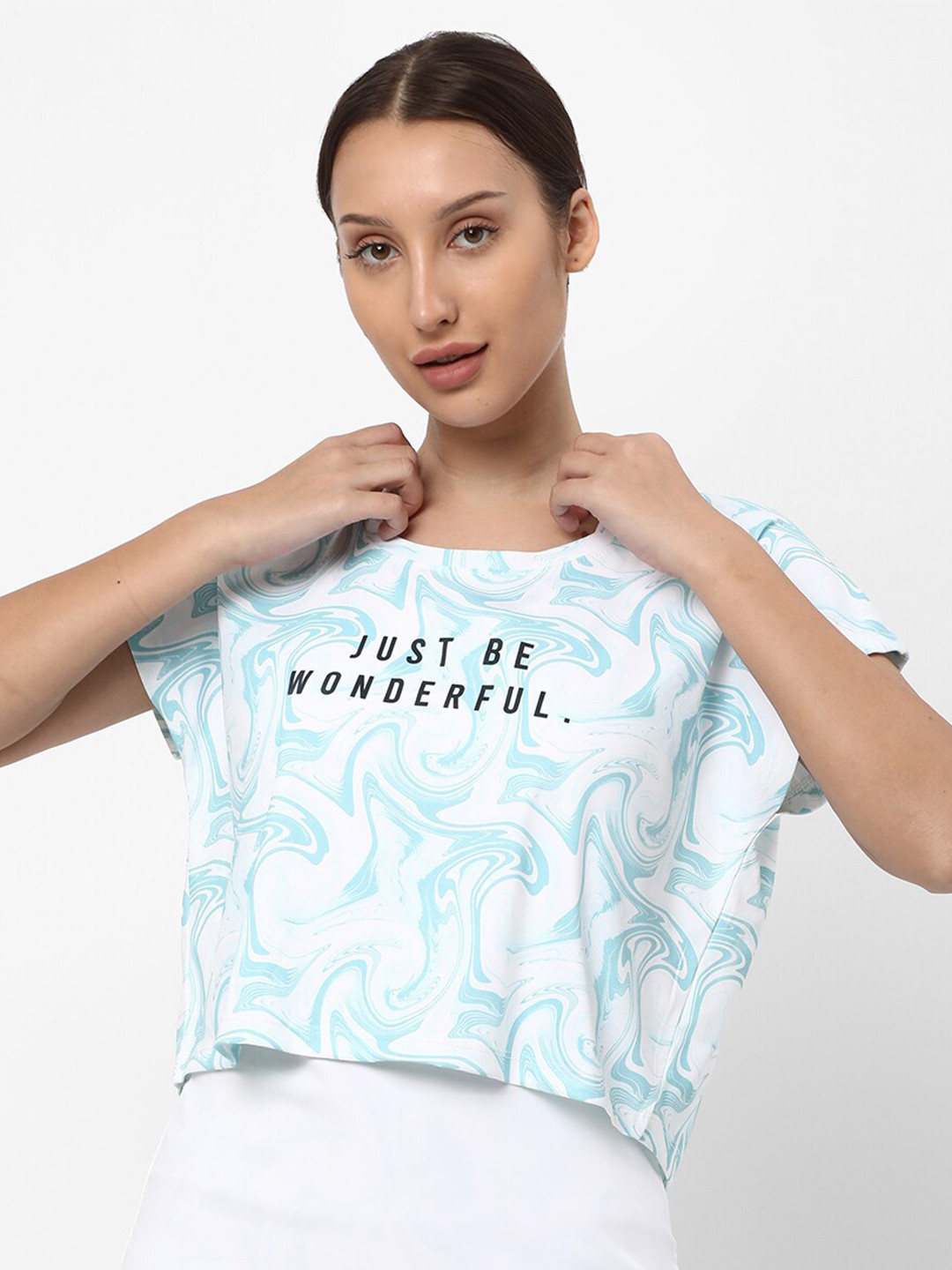 

R&B Print Square Neck Extended Sleeves Crop Top, Blue