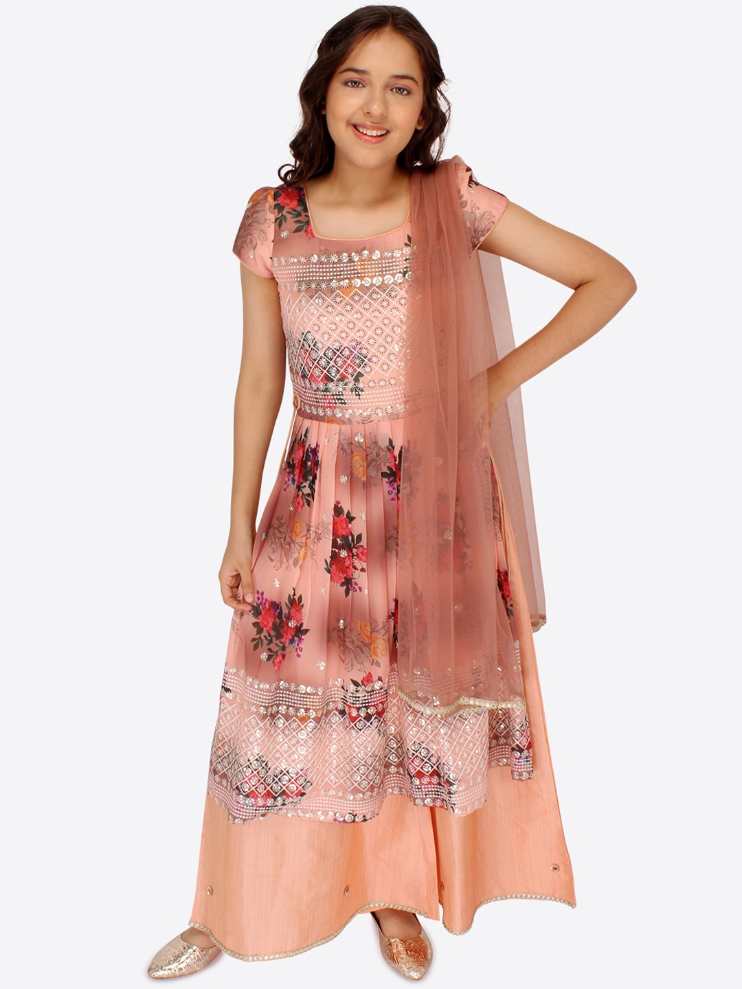 

CUTECUMBER Girls Embroidered Kurta with Skirt Dupatta, Peach