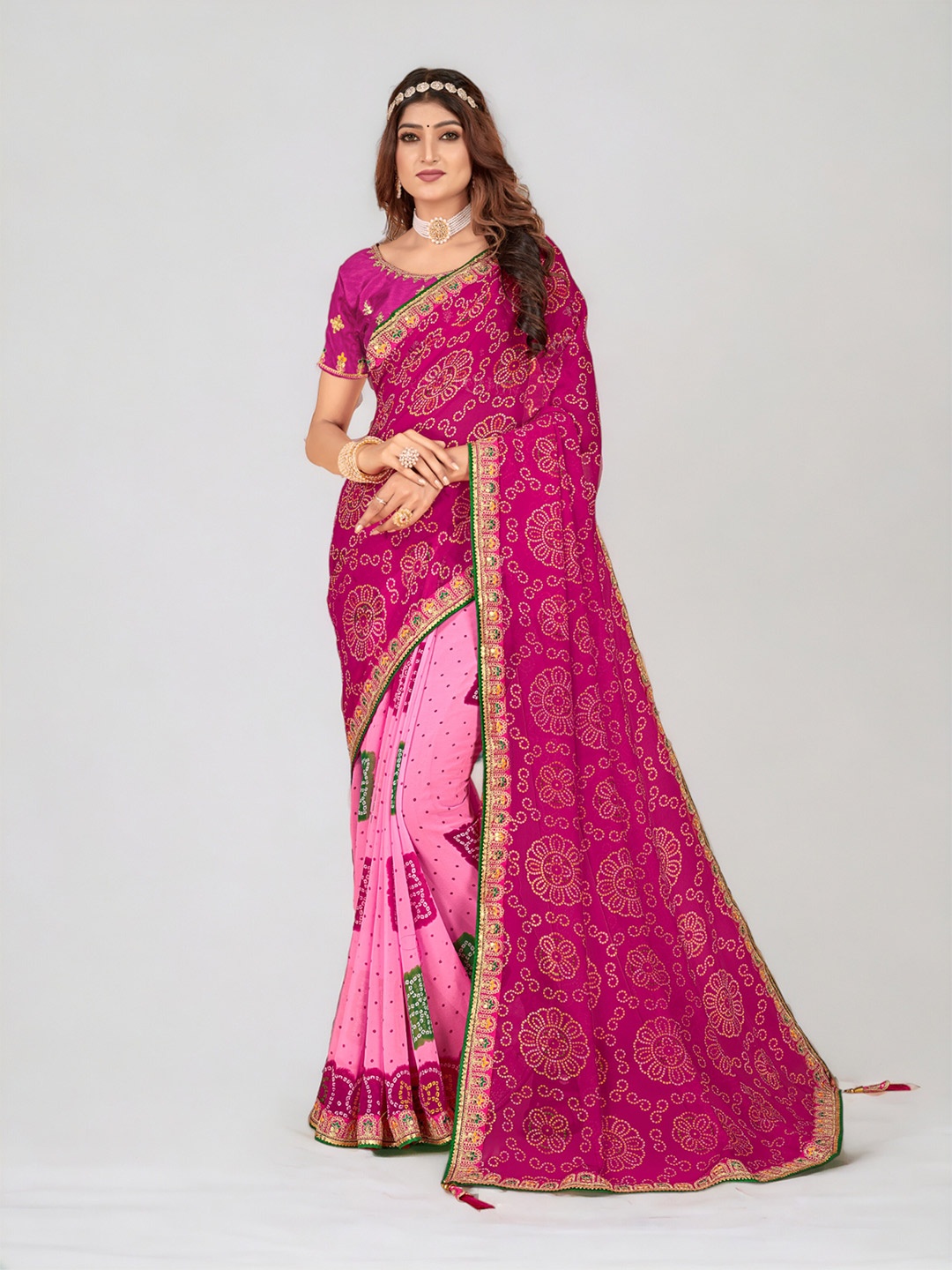 

DIVASTRI Bandhani Printed Pure Georgette Half and Half Saree, Maroon