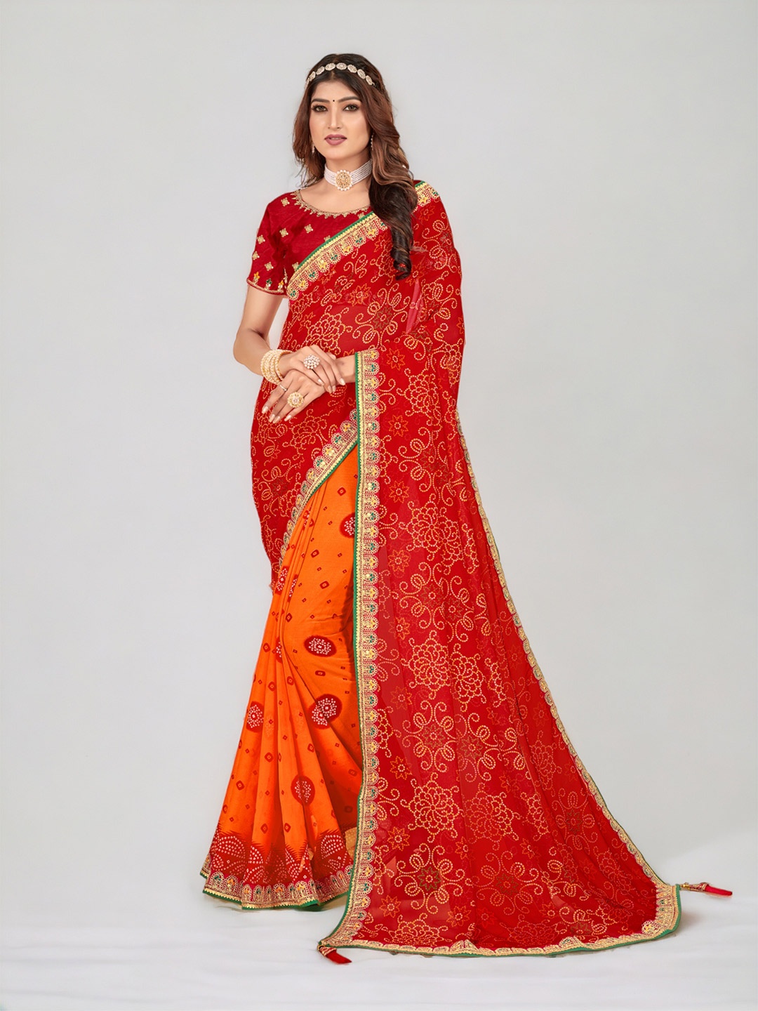 

DIVASTRI Bandhani Printed Embroidered Pure Georgette Half and Half Saree, Red
