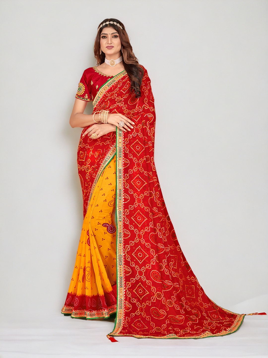 

DIVASTRI Bandhani Printed Embroidered Pure Georgette Half and Half Saree, Red