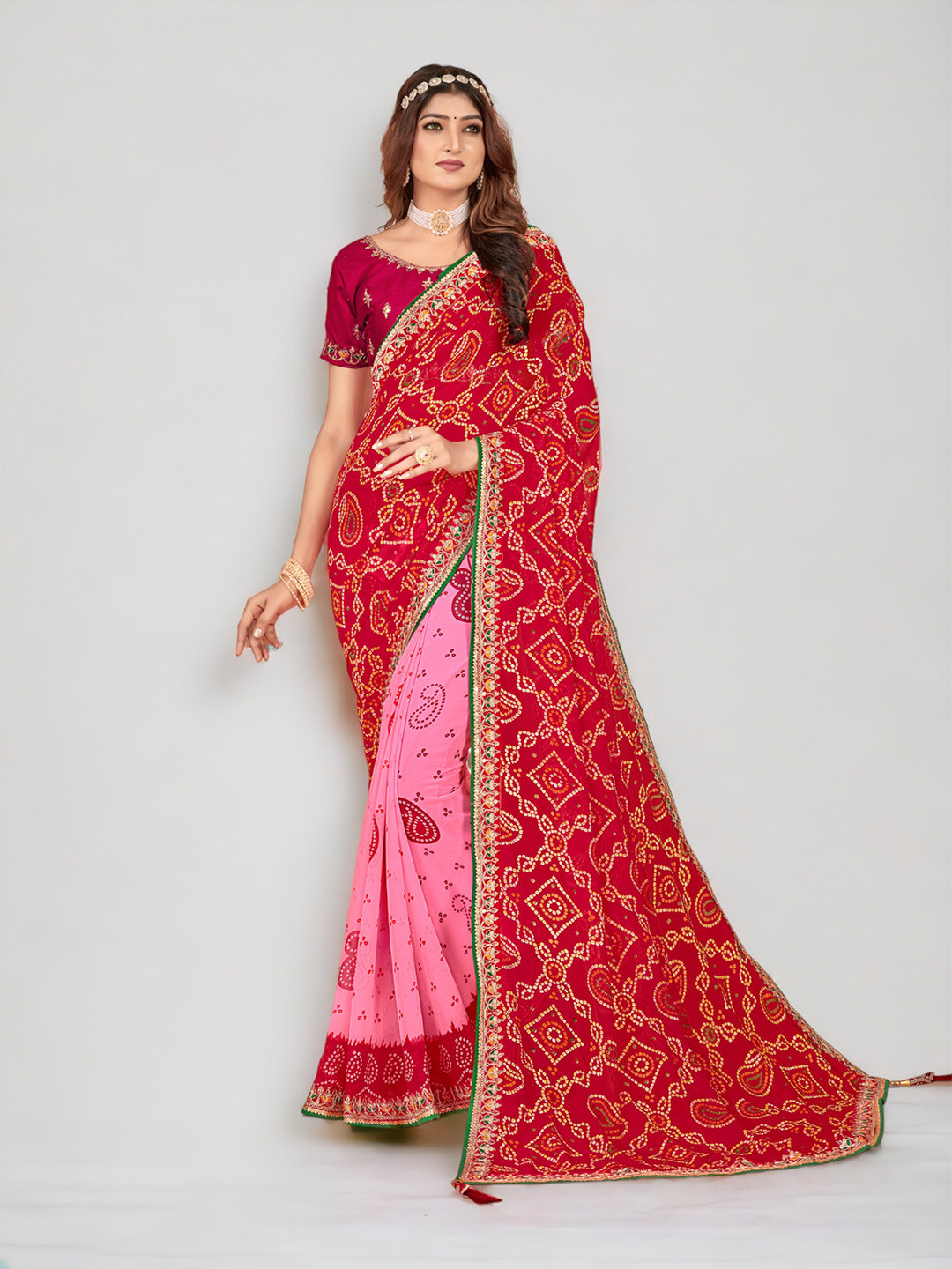 

DIVASTRI Bandhani Printed Embroidered Pure Georgette Half and Half Saree, Red
