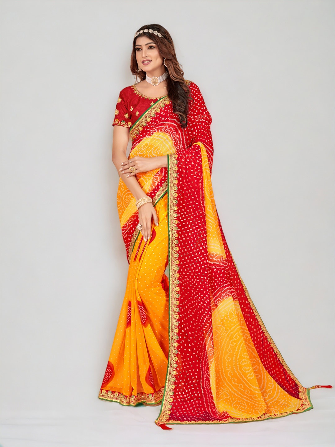 DIVASTRI Striped Printed Embroidered Pure Georgette Leheriya Saree, Red