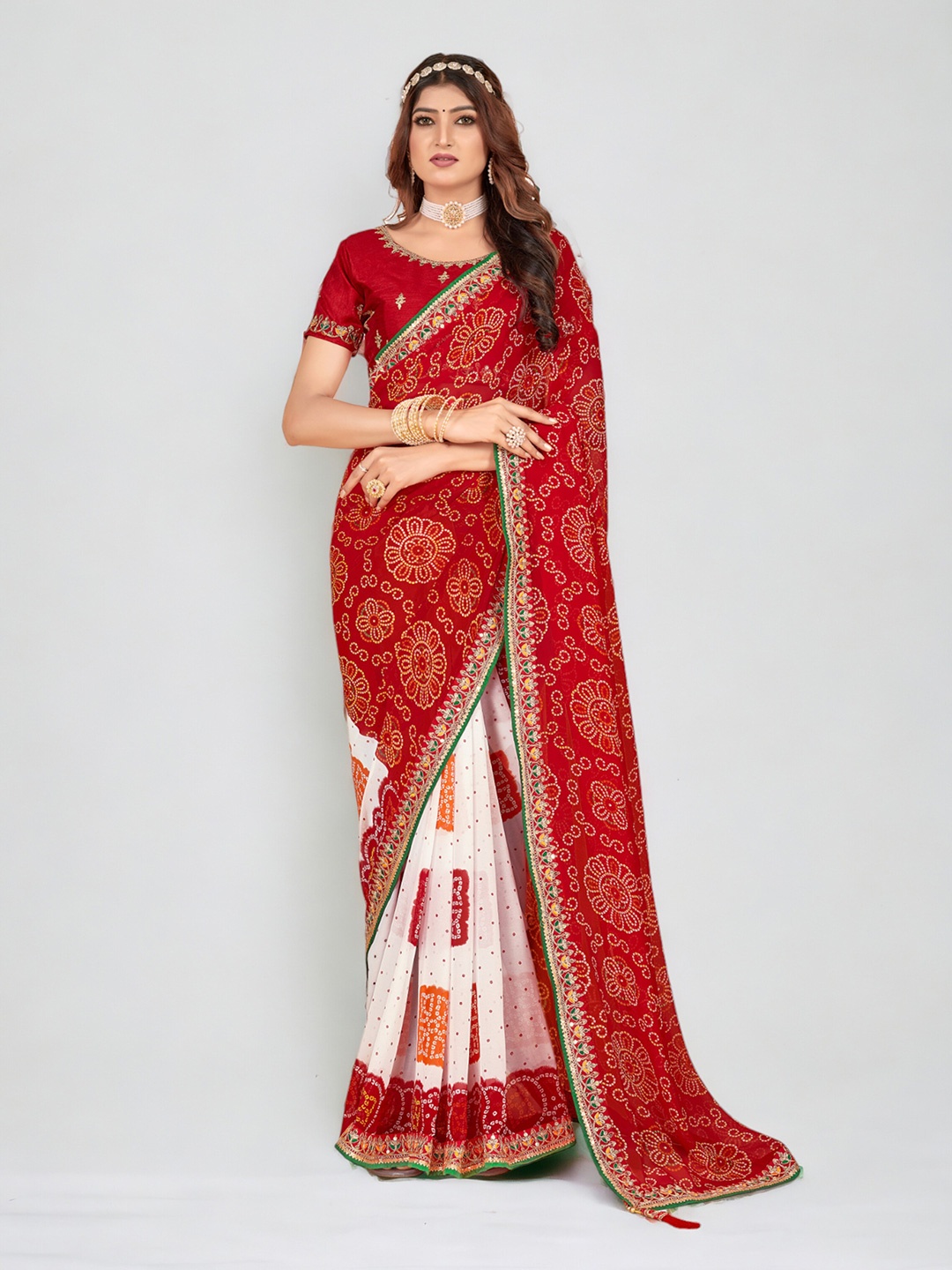 

DIVASTRI Bandhani Printed Pure Georgette Half and Half Saree, Red
