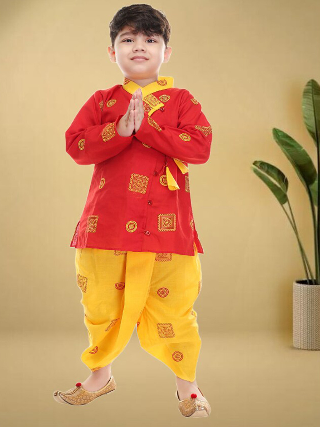 

BAESD Boys Ethnic Motifs Printed Angrakha Pure Cotton Kurta with Dhoti Pants, Red