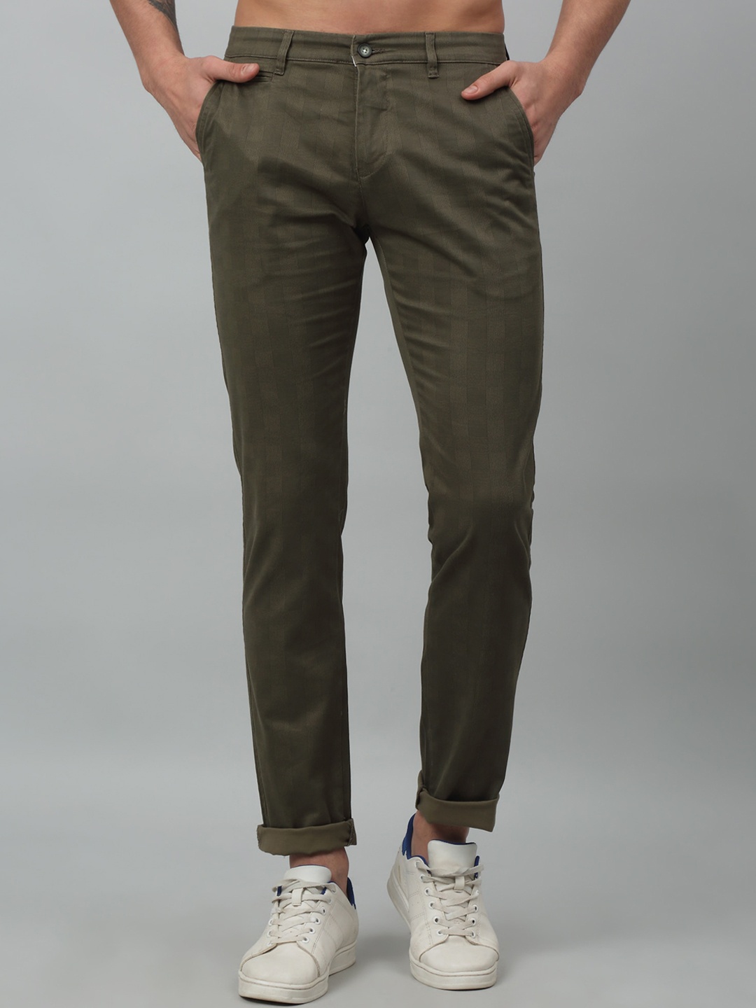 

Cantabil Men Checked Mid Rise Cotton Trousers, Olive