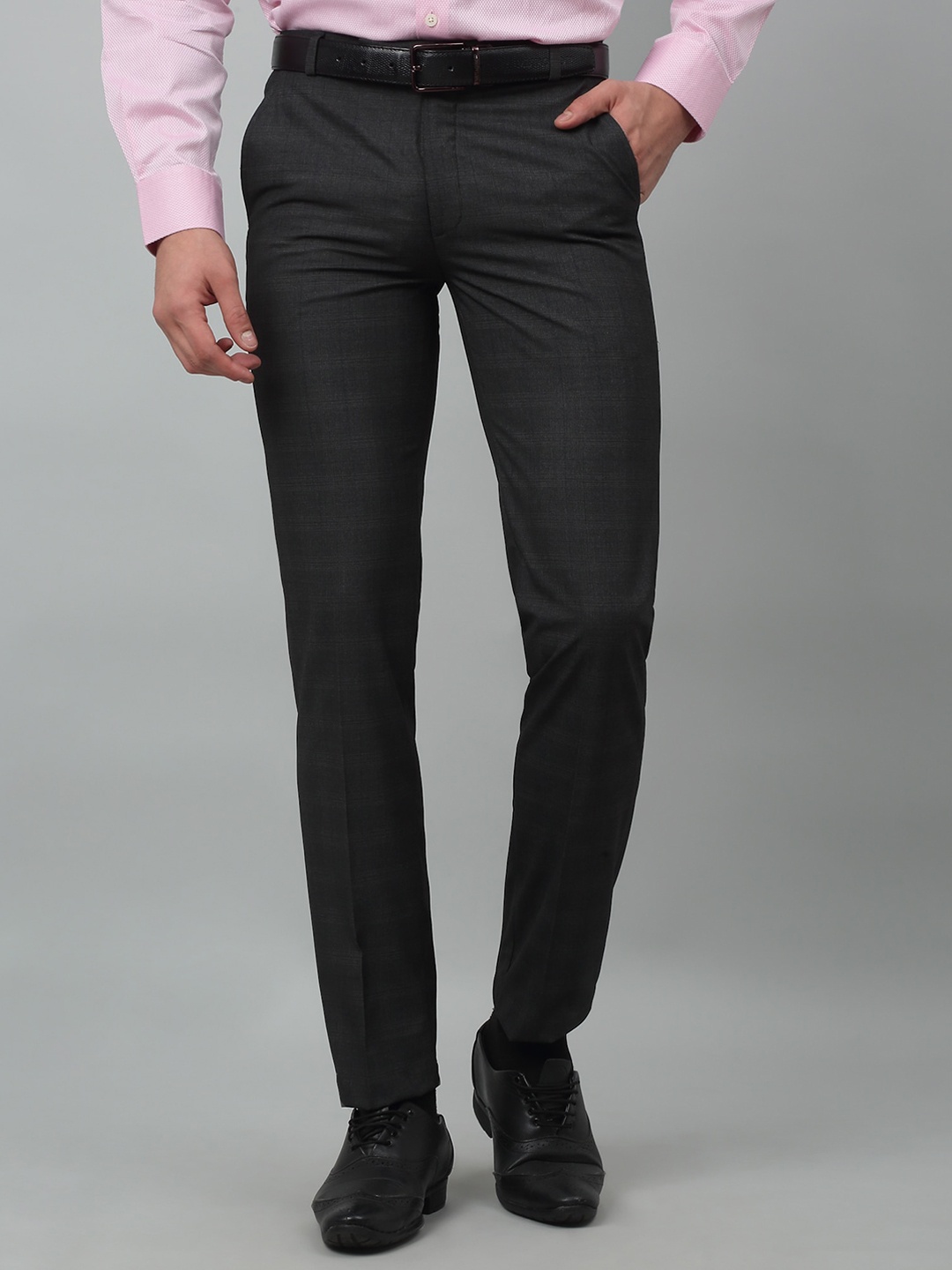 

Cantabil Checked Mid Rise Cotton Formal Trousers, Charcoal