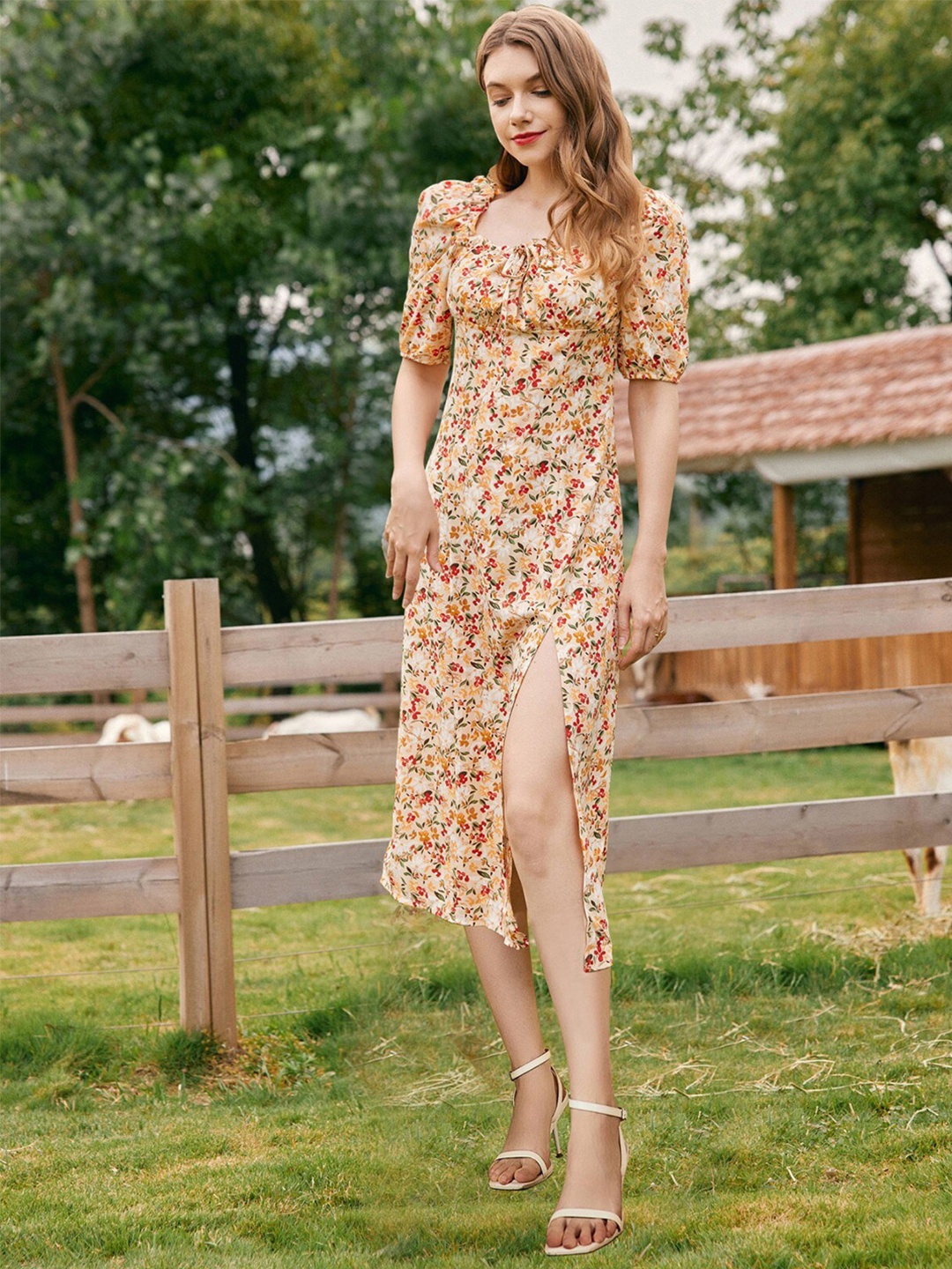 

BAESD Floral Print Puff Sleeve Square Neck Crepe Knee Length A-Line Dress, Beige
