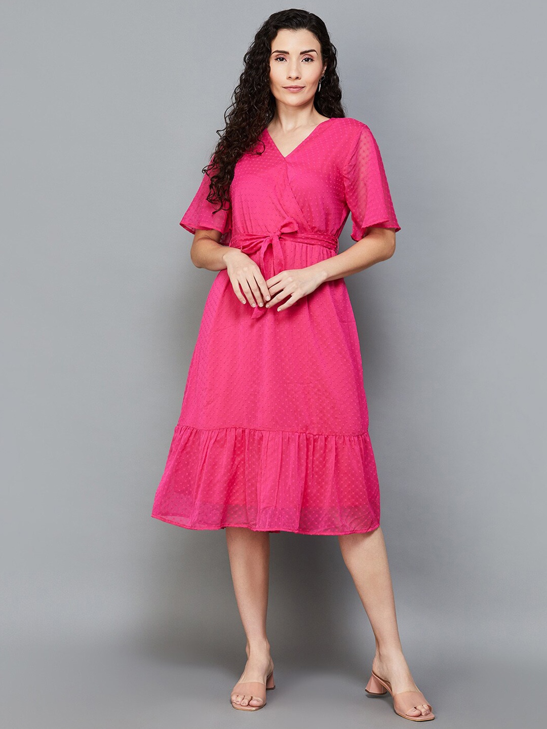 

CODE by Lifestyle V Neck Flared Sleeves Wrap Short Dress, Pink