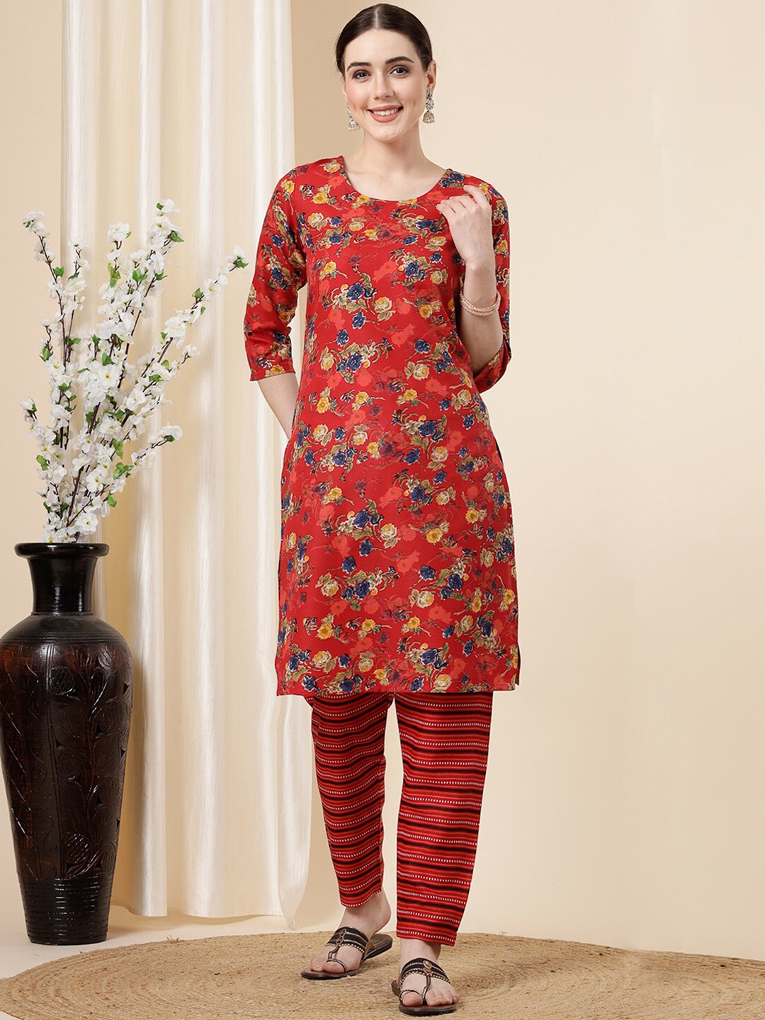 

KALINI Round Neck Floral Printed Straight Kurta with Trousers, Red