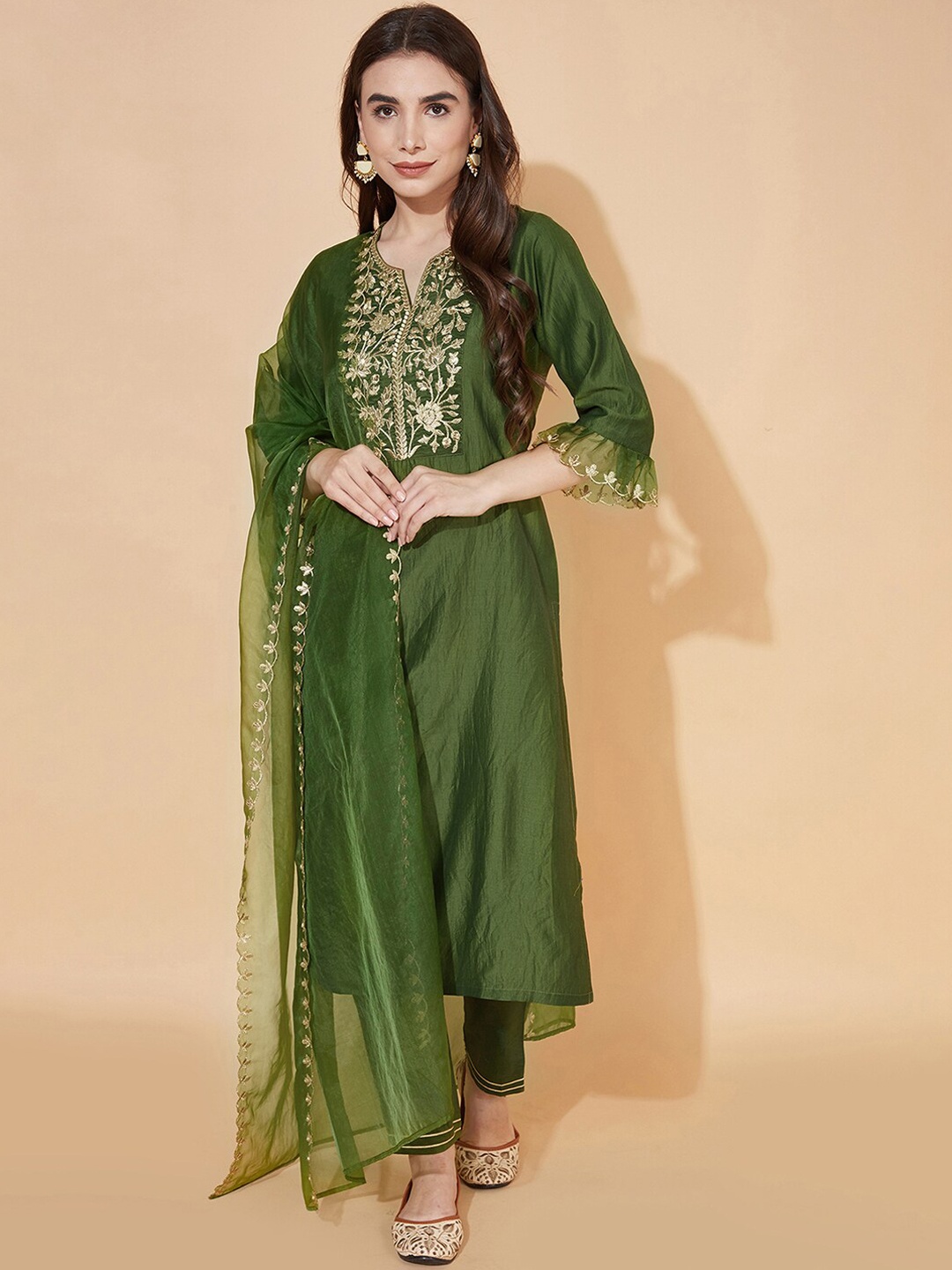 

KALINI Floral Thread Work Notch Neck Bell Sleeves Yoke Design Kurti With Pant & Dupatta, Green