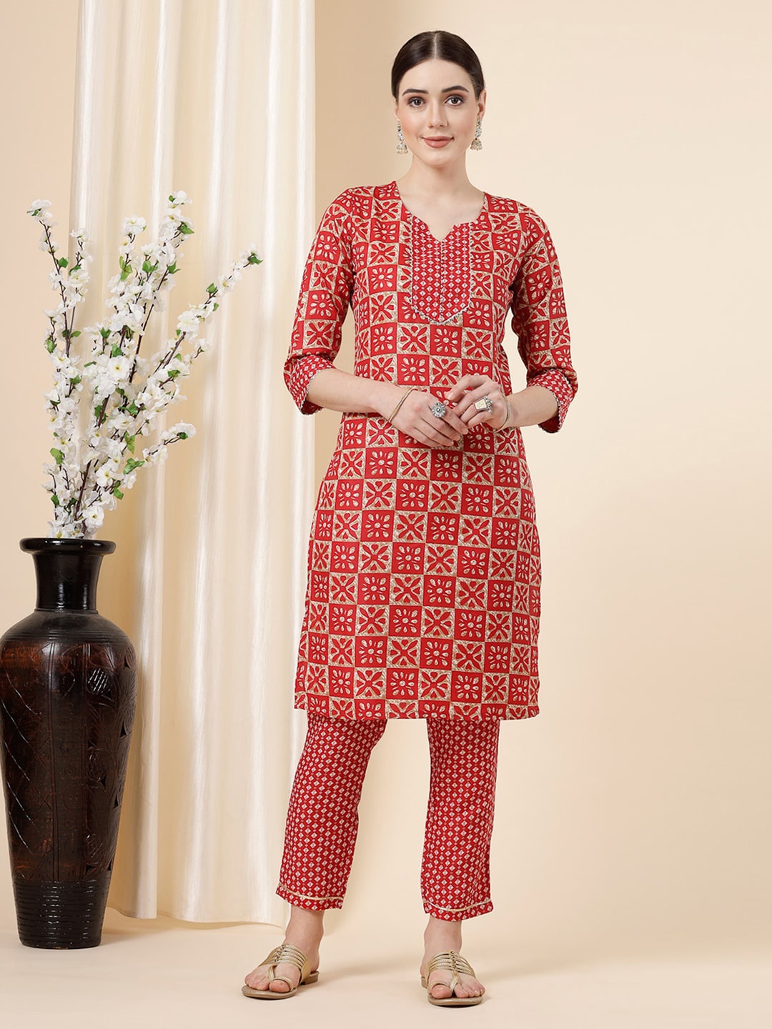

KALINI Printed Regular Kurti with Trousers, Red