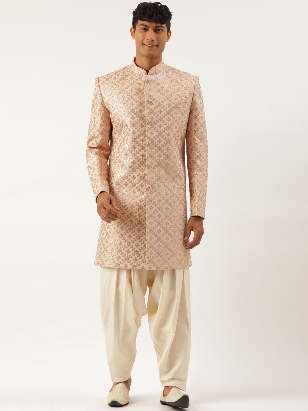 

TheEthnic.Co Ethnic Motifs Embroidered Sherwani With Dhoti Pants, Peach