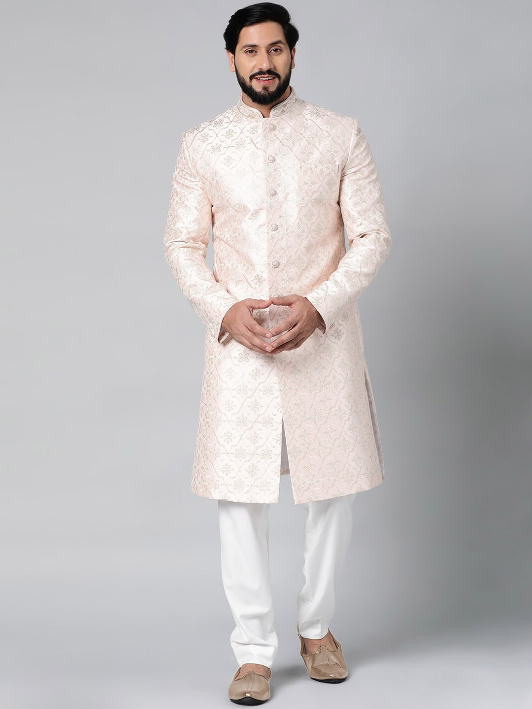 

TheEthnic.Co Ethnic Motifs Embroidered Sherwani With Trousers, Pink