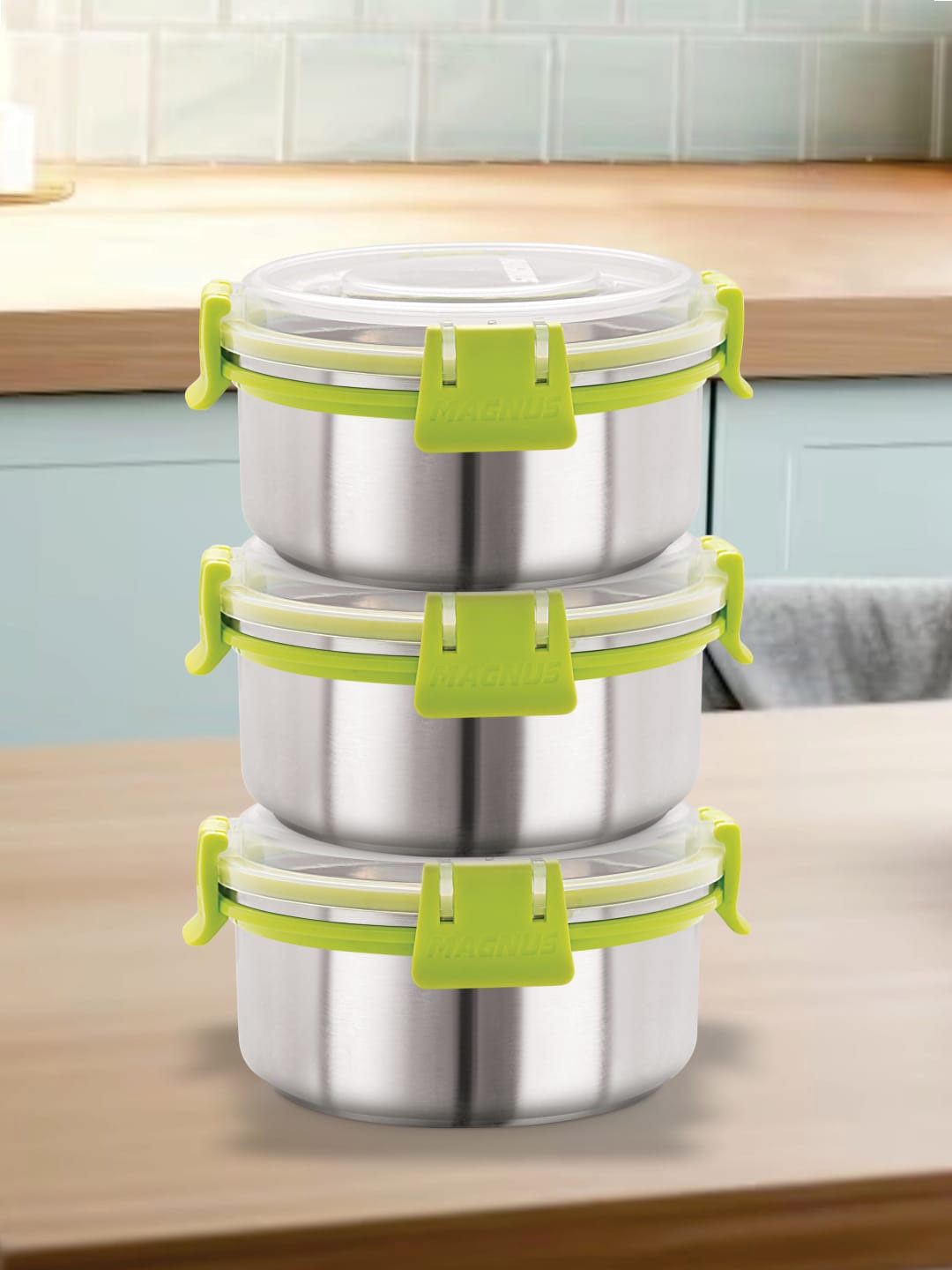 

MAGNUS Green & Silver-Toned 3 Pieces Stainless Steel Airtight & Leakproof Lunch Boxes