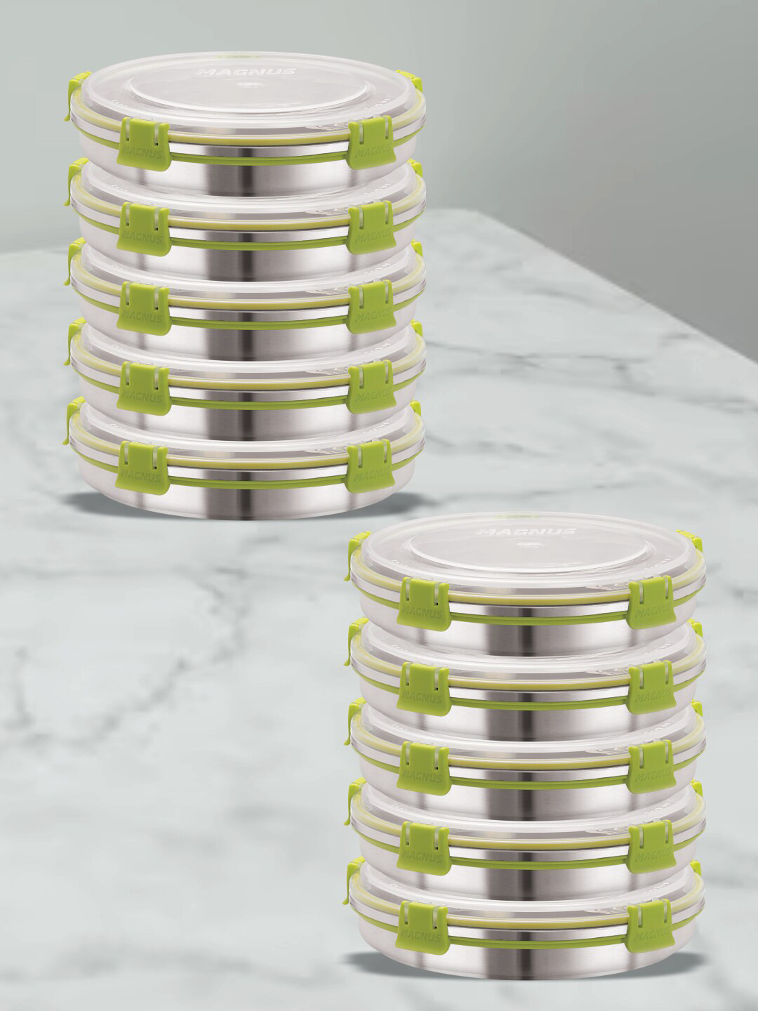 

MAGNUS Green & Silver-Toned 8 Pieces Stainless Steel Airtight & Leakproof Lunch Boxes