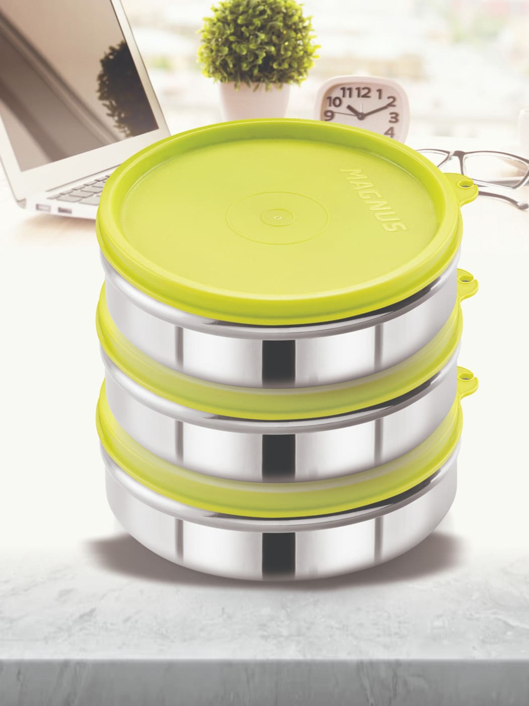 

MAGNUS Green & Silver-Toned 3 Pieces Stainless Steel Easy Lock Lunch Boxes