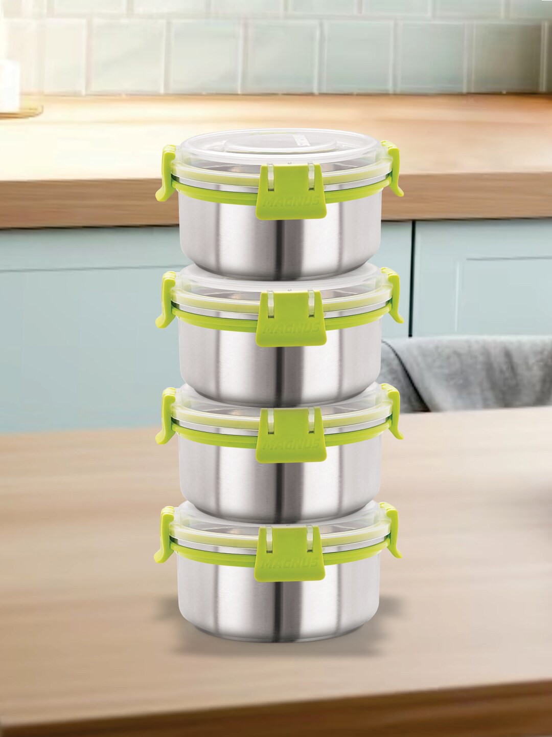 

MAGNUS Green & Silver-Toned 4 Pieces Stainless Steel Airtight & Leakproof Lunch Boxes
