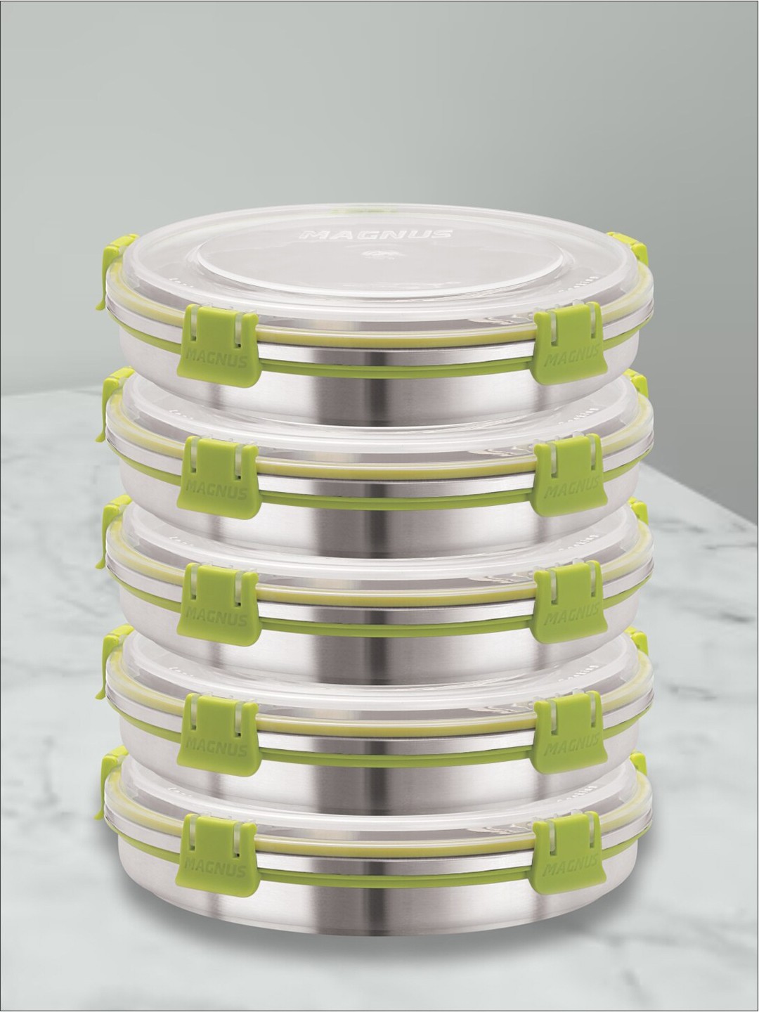 

MAGNUS Green & Silver-Toned 5 Pieces Stainless Steel Airtight & Leakproof Lunch Boxes